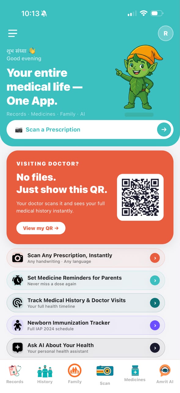 MyMi app home screen showing prescription scan, QR for doctors, and family health tracking